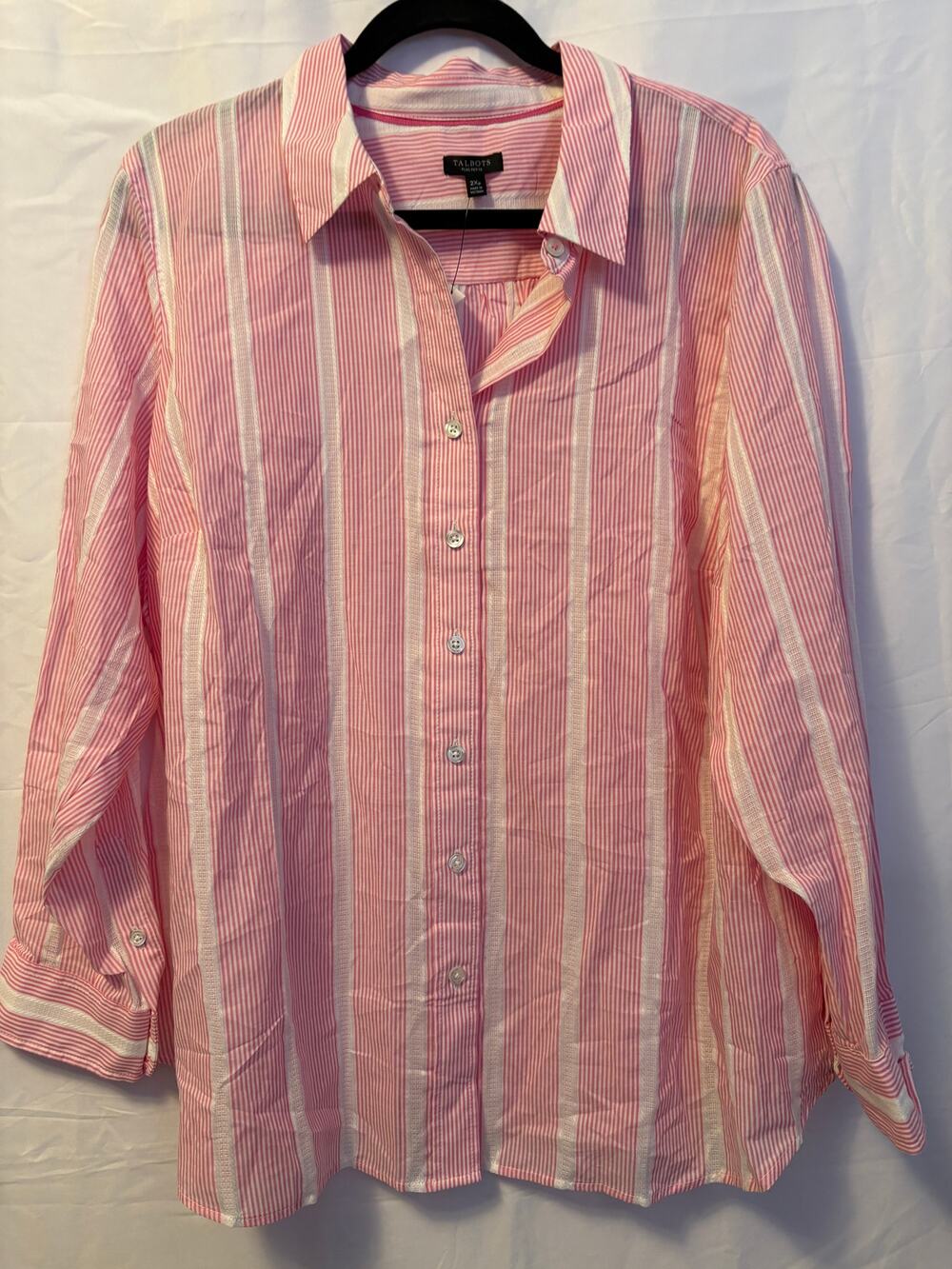 New Talbots Classic Cotton Shirt Button Down Pink White Stripe Long Sleeve 2XP